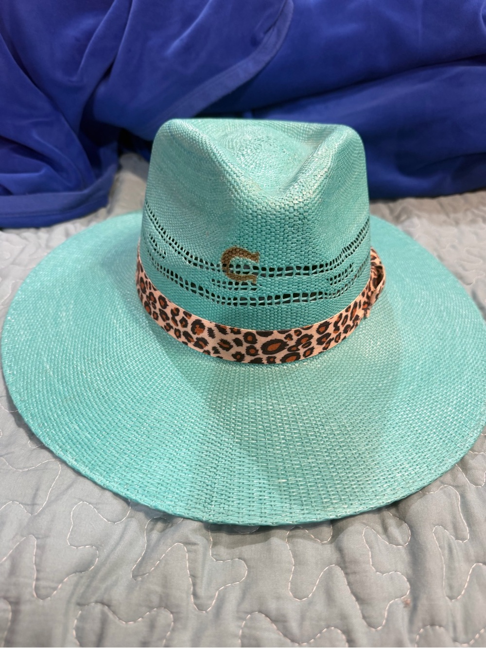 Turquoise Wide-Brim Fedora with Leopard Band